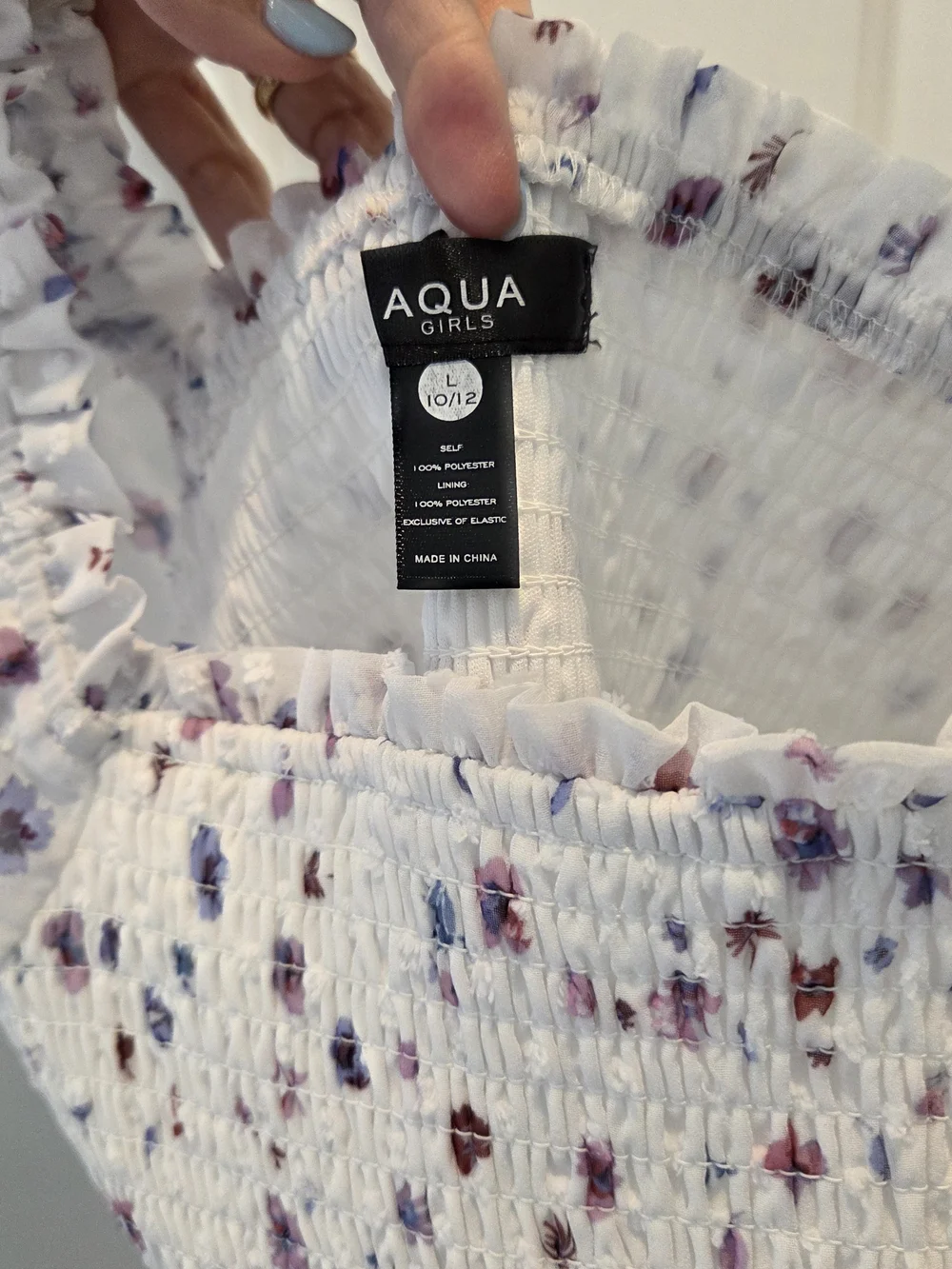 Aqua White Floral Smocked Crop Top — Purple & Pink Accents